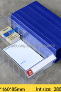 Blue clear connectable drawer storage bin with divider
Plastic hardware organizer with label slots and dividers
Stackable small parts drawer bin for screws and tools
Drawer organizer for workshop or craft room
Clear mini bin for resistors, office supplies, and fasteners