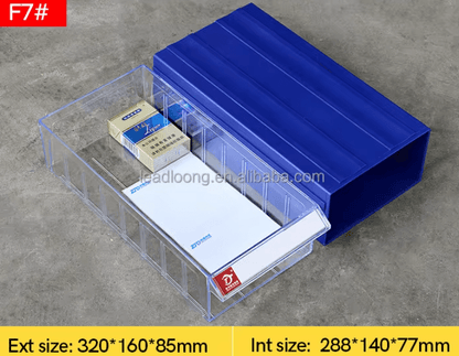 Blue clear connectable drawer storage bin with divider
Plastic hardware organizer with label slots and dividers
Stackable small parts drawer bin for screws and tools
Drawer organizer for workshop or craft room
Clear mini bin for resistors, office supplies, and fasteners