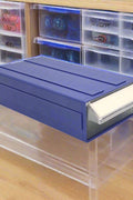 Blue clear connectable drawer storage bin with divider
Plastic hardware organizer with label slots and dividers
Stackable small parts drawer bin for screws and tools
Drawer organizer for workshop or craft room
Clear mini bin for resistors, office supplies, and fasteners