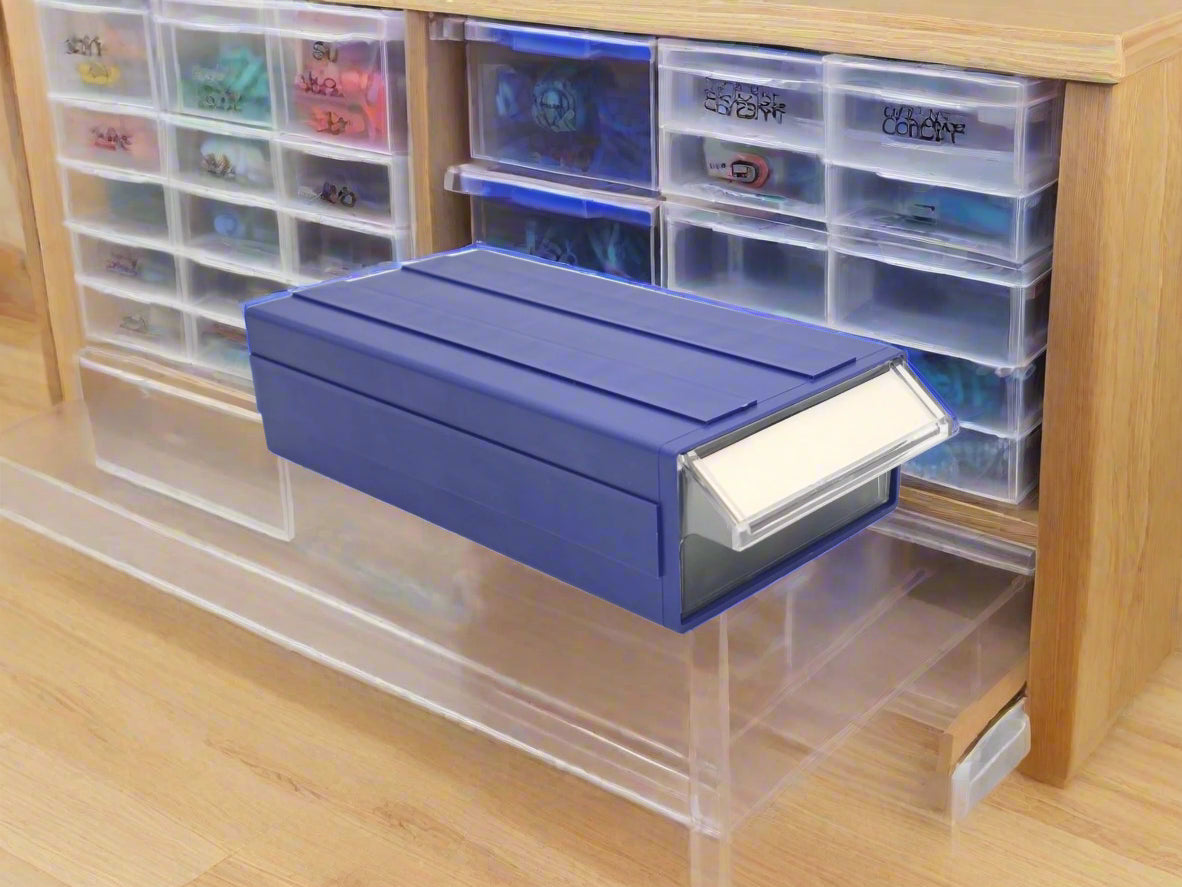 Blue clear connectable drawer storage bin with divider
Plastic hardware organizer with label slots and dividers
Stackable small parts drawer bin for screws and tools
Drawer organizer for workshop or craft room
Clear mini bin for resistors, office supplies, and fasteners