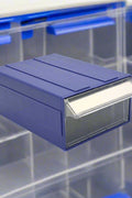 Blue clear connectable drawer storage bin with divider
Plastic hardware organizer with label slots and dividers
Stackable small parts drawer bin for screws and tools
Drawer organizer for workshop or craft room
Clear mini bin for resistors, office supplies, and fasteners