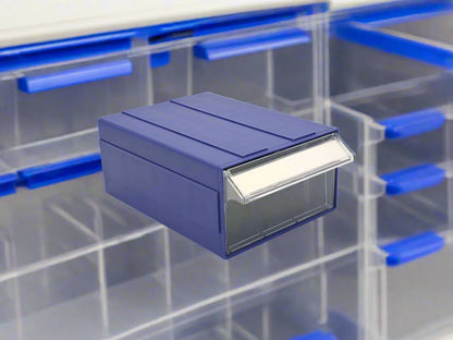 Blue clear connectable drawer storage bin with divider
Plastic hardware organizer with label slots and dividers
Stackable small parts drawer bin for screws and tools
Drawer organizer for workshop or craft room
Clear mini bin for resistors, office supplies, and fasteners