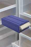 Blue clear connectable drawer storage bin with divider
Plastic hardware organizer with label slots and dividers
Stackable small parts drawer bin for screws and tools
Drawer organizer for workshop or craft room
Clear mini bin for resistors, office supplies, and fasteners