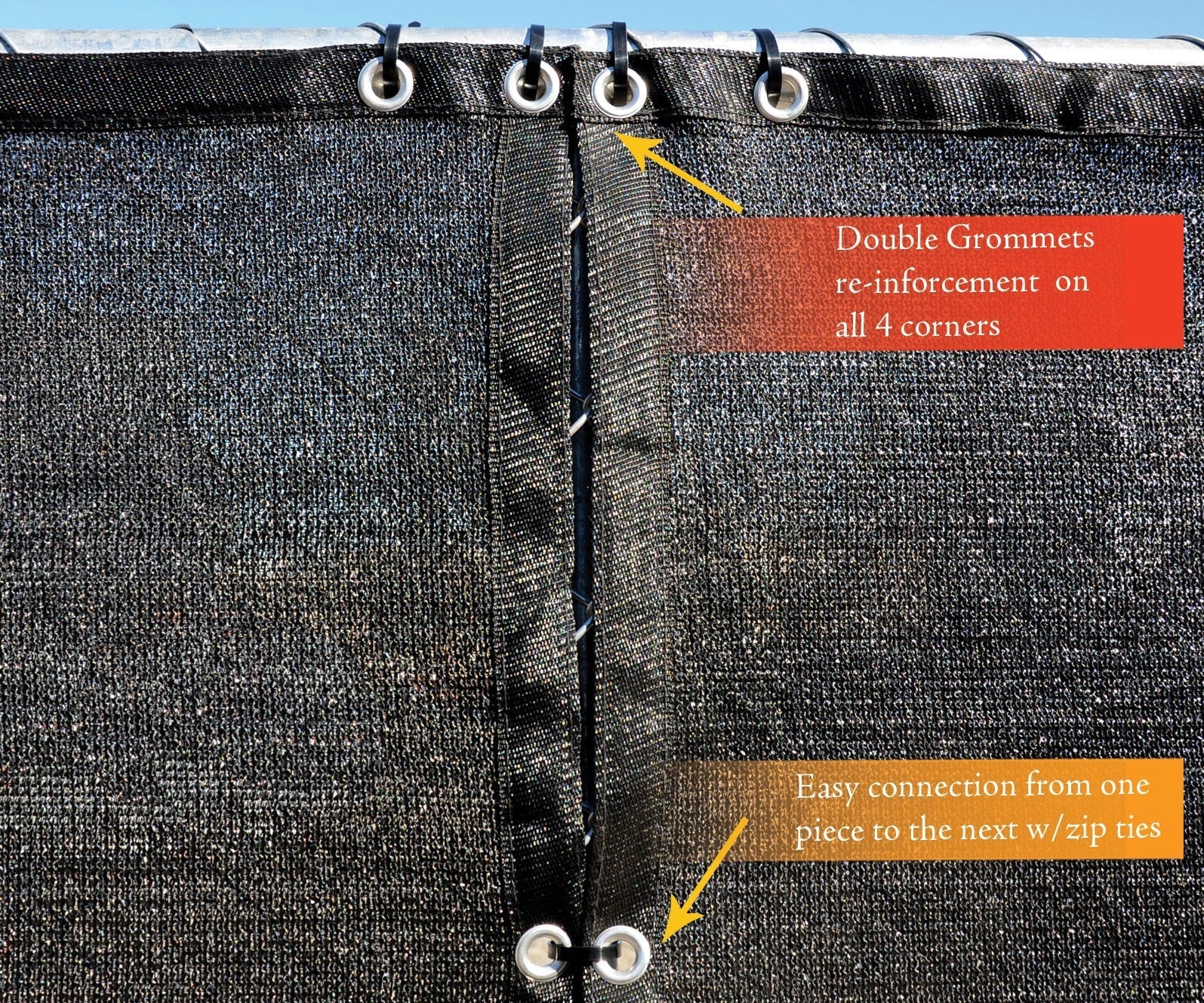 Closeup of reinforced hemmed edge with rust-resistant grommets on fence screen