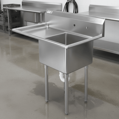 Commercial 99.1 cm (39.0") Stainless Steel Utility Sinks - General Equipment with Right Drainboard | Sold by Uncle Wiener's Wholesale