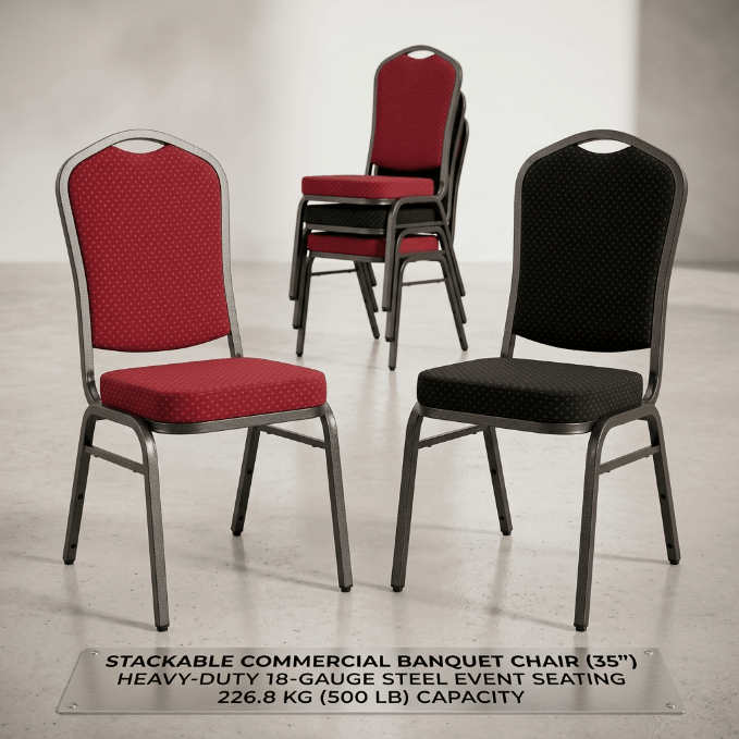 Commercial Banquet Chair – Stackable Wedding, Church & Event Seating - Furniture with Red Dot | Sold by Uncle Wiener's Wholesale