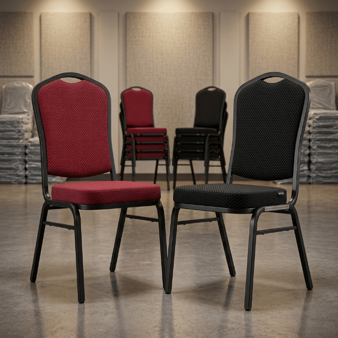 Commercial Banquet Chair – Stackable Wedding, Church & Event Seating - Furniture with Red Dot | Sold by Uncle Wiener's Wholesale