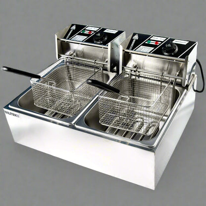 Double tank stainless steel commercial deep fryer with baskets
Single tank electric deep fryer for restaurant use
Stainless steel fryer with fries in basket
Compact 6L fryer for countertop kitchens
Commercial kitchen deep frying setup with accessories