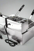 Double tank stainless steel commercial deep fryer with baskets
Single tank electric deep fryer for restaurant use
Stainless steel fryer with fries in basket
Compact 6L fryer for countertop kitchens
Commercial kitchen deep frying setup with accessories