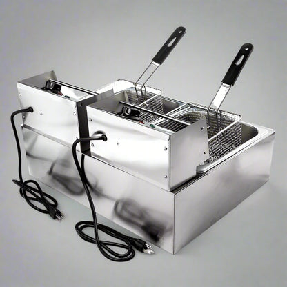 Double tank stainless steel commercial deep fryer with baskets
Single tank electric deep fryer for restaurant use
Stainless steel fryer with fries in basket
Compact 6L fryer for countertop kitchens
Commercial kitchen deep frying setup with accessories