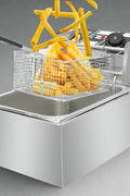 Double tank stainless steel commercial deep fryer with baskets
Single tank electric deep fryer for restaurant use
Stainless steel fryer with fries in basket
Compact 6L fryer for countertop kitchens
Commercial kitchen deep frying setup with accessories