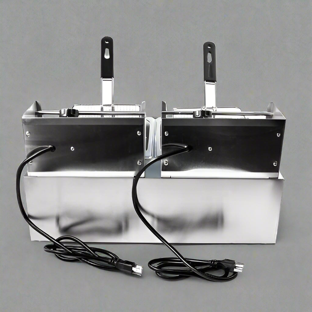 Double tank stainless steel commercial deep fryer with baskets
Single tank electric deep fryer for restaurant use
Stainless steel fryer with fries in basket
Compact 6L fryer for countertop kitchens
Commercial kitchen deep frying setup with accessories