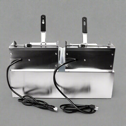 Double tank stainless steel commercial deep fryer with baskets
Single tank electric deep fryer for restaurant use
Stainless steel fryer with fries in basket
Compact 6L fryer for countertop kitchens
Commercial kitchen deep frying setup with accessories