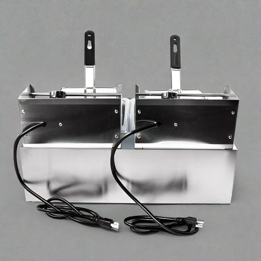 Double tank stainless steel commercial deep fryer with baskets
Single tank electric deep fryer for restaurant use
Stainless steel fryer with fries in basket
Compact 6L fryer for countertop kitchens
Commercial kitchen deep frying setup with accessories