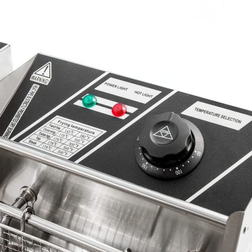 Double tank stainless steel commercial deep fryer with baskets
Single tank electric deep fryer for restaurant use
Stainless steel fryer with fries in basket
Compact 6L fryer for countertop kitchens
Commercial kitchen deep frying setup with accessories