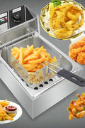 Double tank stainless steel commercial deep fryer with baskets
Single tank electric deep fryer for restaurant use
Stainless steel fryer with fries in basket
Compact 6L fryer for countertop kitchens
Commercial kitchen deep frying setup with accessories