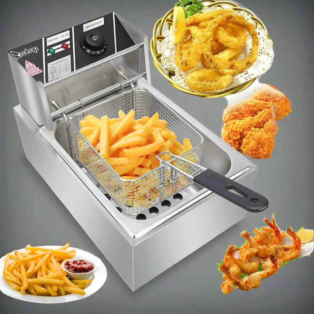 Double tank stainless steel commercial deep fryer with baskets
Single tank electric deep fryer for restaurant use
Stainless steel fryer with fries in basket
Compact 6L fryer for countertop kitchens
Commercial kitchen deep frying setup with accessories