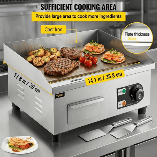 Commercial Electric Countertop Griddles – 14" & 30" Flat Top Grills for Home & Restaurant Use - General Equipment with 1500W 14" | Sold by Uncle Wiener's Wholesale
