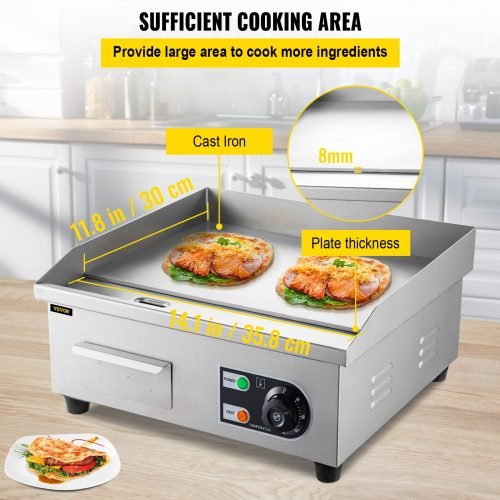 Stainless steel 14-inch electric countertop griddle with eggs and vegetables
30-inch commercial electric flat-top grill with accessories
Non-stick restaurant griddle with oil drain system
Electric griddle set with spatulas and splash guard
Heavy-duty commercial griddle for diner use