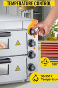 "Stainless steel single-layer commercial pizza oven with viewing window"

"Double-deck electric pizza oven for restaurant use"

"Countertop pizza oven with dual thermostats and internal lighting"

"Commercial pizza ovens side by side showing size and capacity"

"14-inch countertop pizza oven stainless steel design"