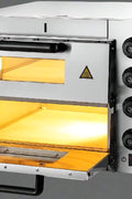 "Stainless steel single-layer commercial pizza oven with viewing window"

"Double-deck electric pizza oven for restaurant use"

"Countertop pizza oven with dual thermostats and internal lighting"

"Commercial pizza ovens side by side showing size and capacity"

"14-inch countertop pizza oven stainless steel design"
