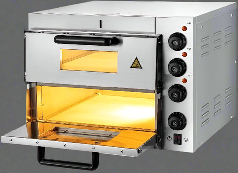 "Stainless steel single-layer commercial pizza oven with viewing window"

"Double-deck electric pizza oven for restaurant use"

"Countertop pizza oven with dual thermostats and internal lighting"

"Commercial pizza ovens side by side showing size and capacity"

"14-inch countertop pizza oven stainless steel design"