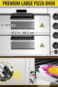 "Stainless steel single-layer commercial pizza oven with viewing window"

"Double-deck electric pizza oven for restaurant use"

"Countertop pizza oven with dual thermostats and internal lighting"

"Commercial pizza ovens side by side showing size and capacity"

"14-inch countertop pizza oven stainless steel design"