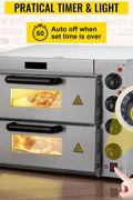 "Stainless steel single-layer commercial pizza oven with viewing window"

"Double-deck electric pizza oven for restaurant use"

"Countertop pizza oven with dual thermostats and internal lighting"

"Commercial pizza ovens side by side showing size and capacity"

"14-inch countertop pizza oven stainless steel design"
