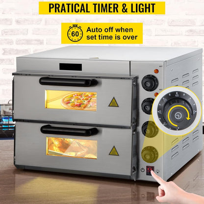 "Stainless steel single-layer commercial pizza oven with viewing window"

"Double-deck electric pizza oven for restaurant use"

"Countertop pizza oven with dual thermostats and internal lighting"

"Commercial pizza ovens side by side showing size and capacity"

"14-inch countertop pizza oven stainless steel design"