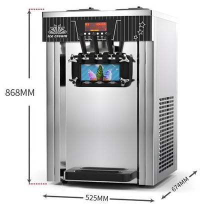 • "Commercial soft serve ice cream machine with dual hoppers"
• "Tabletop ice cream maker for frozen yogurt and sorbet"
• "LED control panel on soft serve machine"
• "Stainless steel soft serve machine for restaurant use"
• "Floor model soft serve machine with swirl mix option"