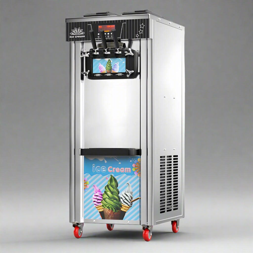 • "Commercial soft serve ice cream machine with dual hoppers"
• "Tabletop ice cream maker for frozen yogurt and sorbet"
• "LED control panel on soft serve machine"
• "Stainless steel soft serve machine for restaurant use"
• "Floor model soft serve machine with swirl mix option"