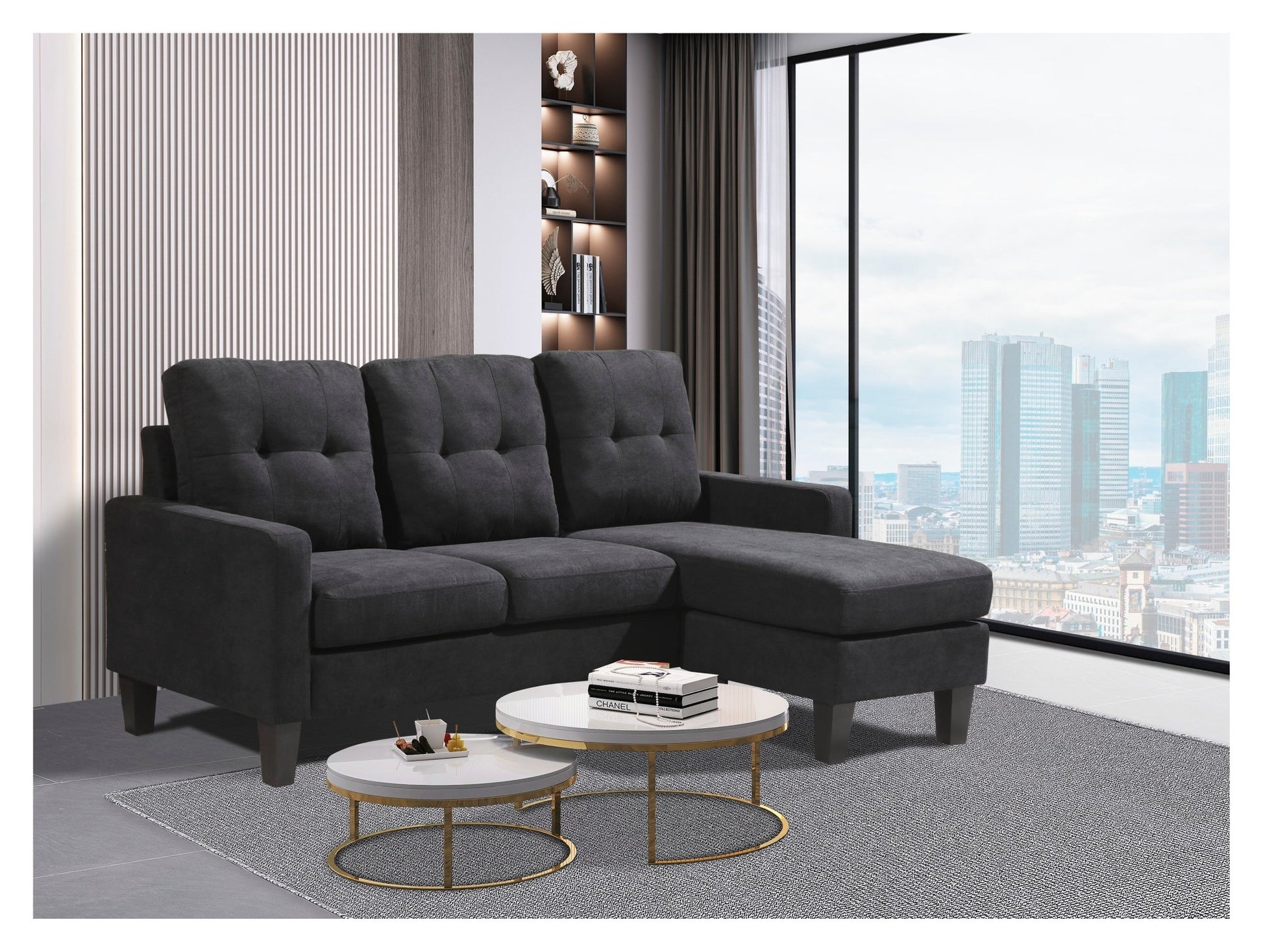 Compact L-Shaped Sectional Sofa with Ottoman – Reversible Chaise, Dark Gray or Black BT2628 - with Black | Sold by Uncle Wiener's Wholesale