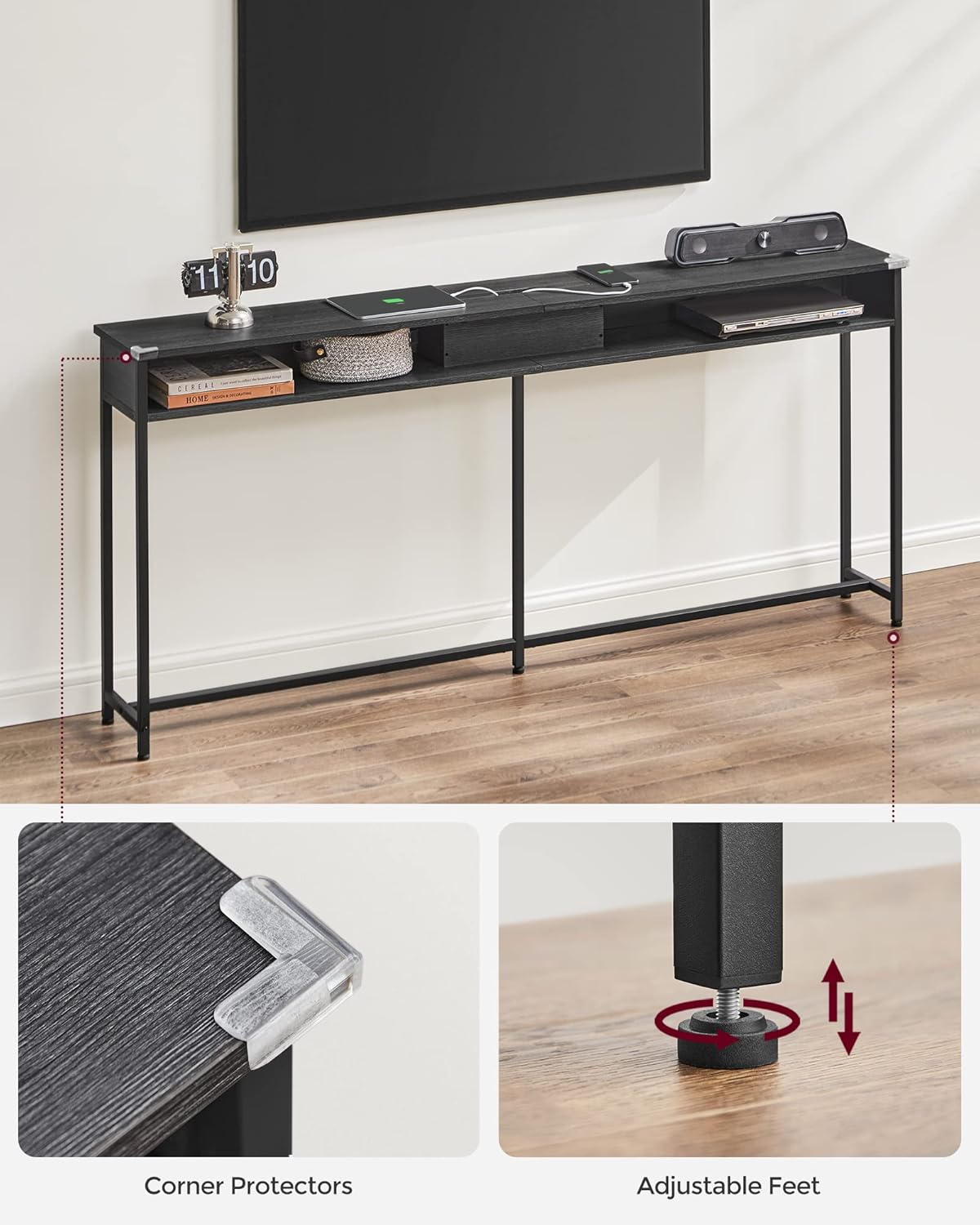 Console Table with Power Outlet, 70 Inch Sofa Table, Narrow Entryway Table with Hidden Charging Station and Storage Shelves for Hallway, Living Room and Behind Couch Black LNT118B22 - with | Sold by Uncle Wiener's Wholesale