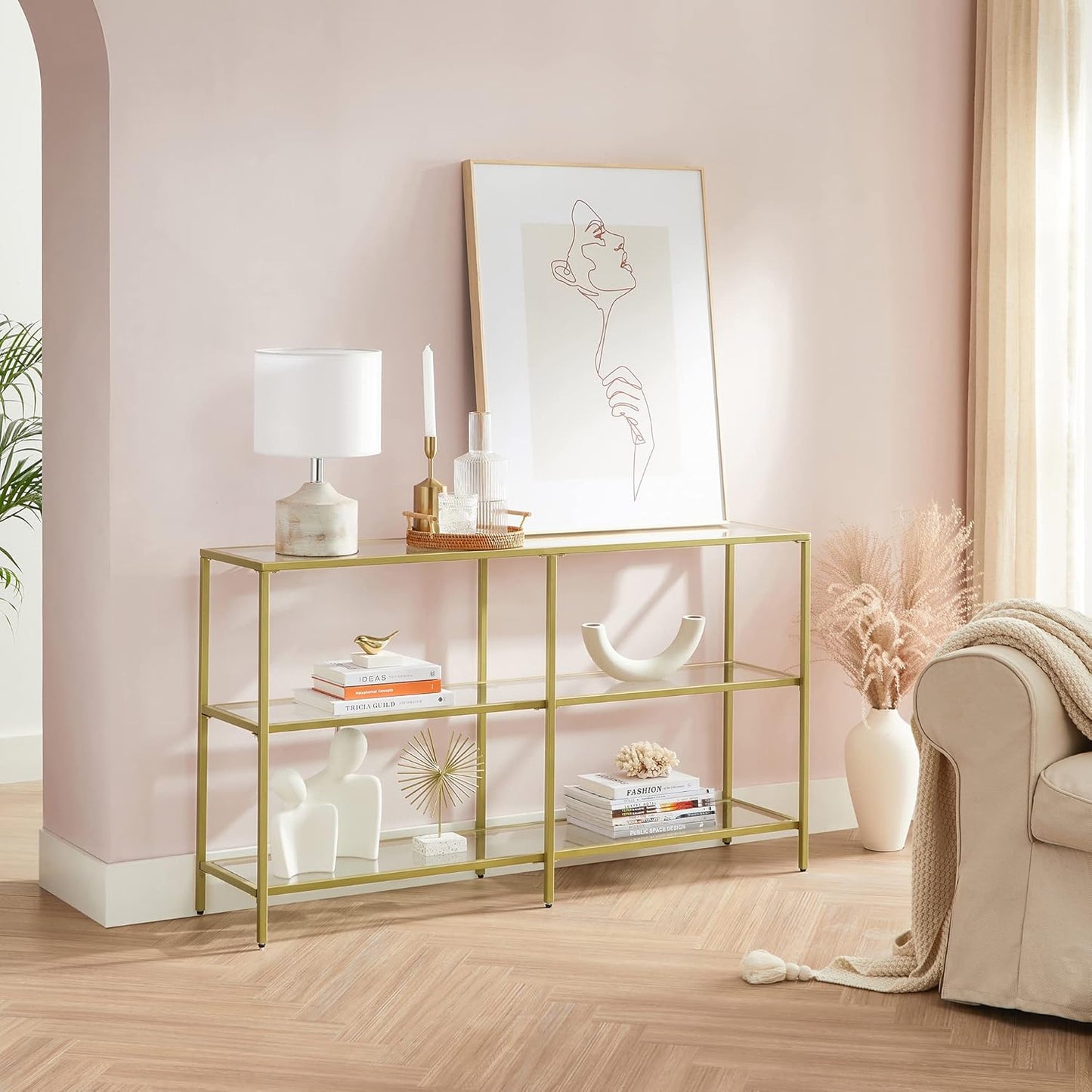 Console Table with Tempered Glass Shelves, 3 Tier Entryway Table, Sofa Table for Hallway, Living Room and Foyer 51.2 Inch Gold LGT024A01 - with | Sold by Uncle Wiener's Wholesale