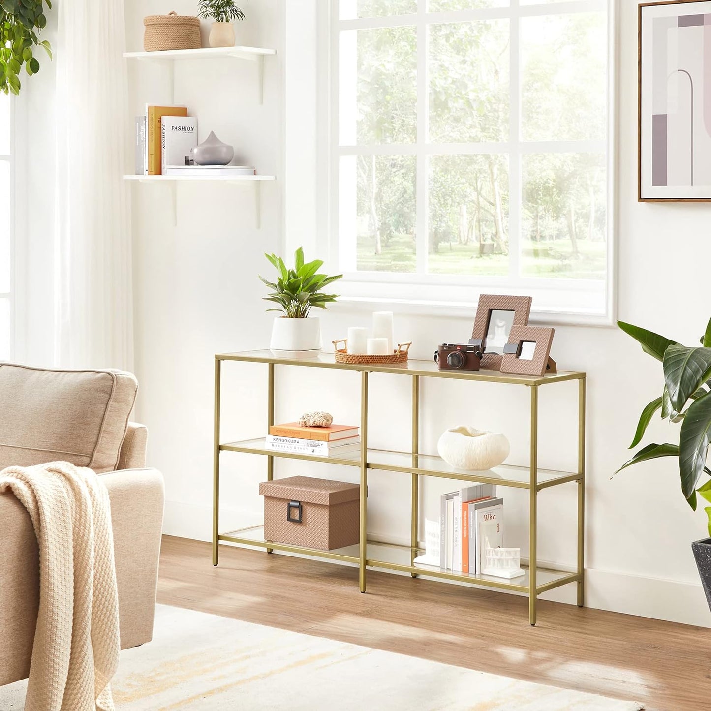 Console Table with Tempered Glass Shelves, 3 Tier Entryway Table, Sofa Table for Hallway, Living Room and Foyer 51.2 Inch Gold LGT024A01 - with | Sold by Uncle Wiener's Wholesale
