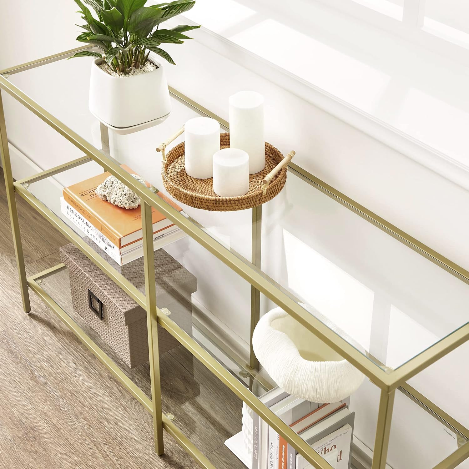 Console Table with Tempered Glass Shelves, 3 Tier Entryway Table, Sofa Table for Hallway, Living Room and Foyer 51.2 Inch Gold LGT024A01 - with | Sold by Uncle Wiener's Wholesale