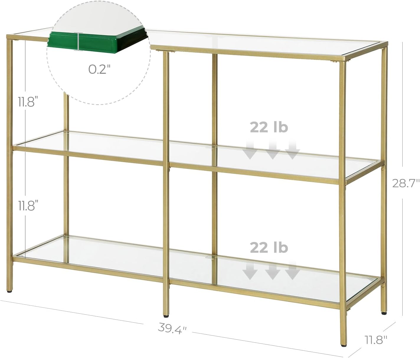 Console Table with Tempered Glass Shelves, 3 Tier Entryway Table, Sofa Table for Hallway, Living Room, Bedroom and Foyer Metallic Gold and Clear Glass LGT27G - with | Sold by Uncle Wiener's Wholesale