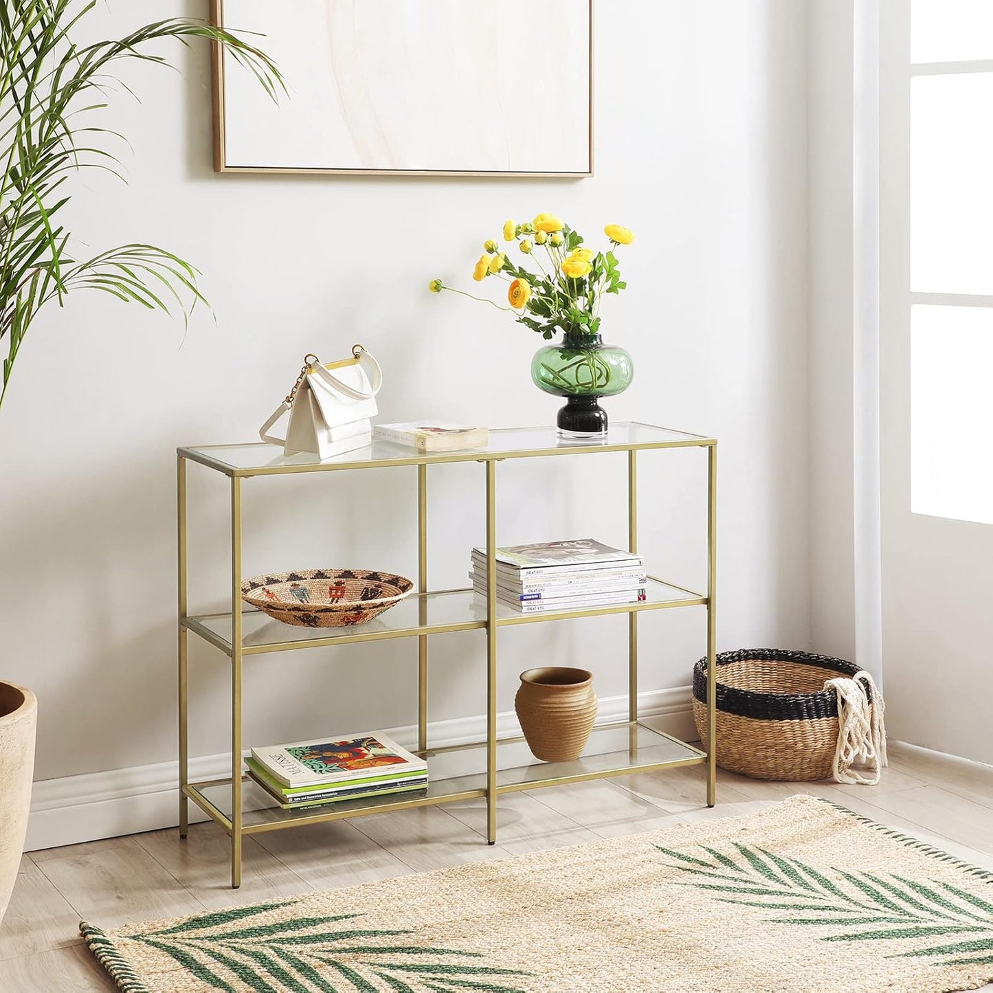 Console Table with Tempered Glass Shelves, 3 Tier Entryway Table, Sofa Table for Hallway, Living Room, Bedroom and Foyer Metallic Gold and Clear Glass LGT27G - with | Sold by Uncle Wiener's Wholesale
