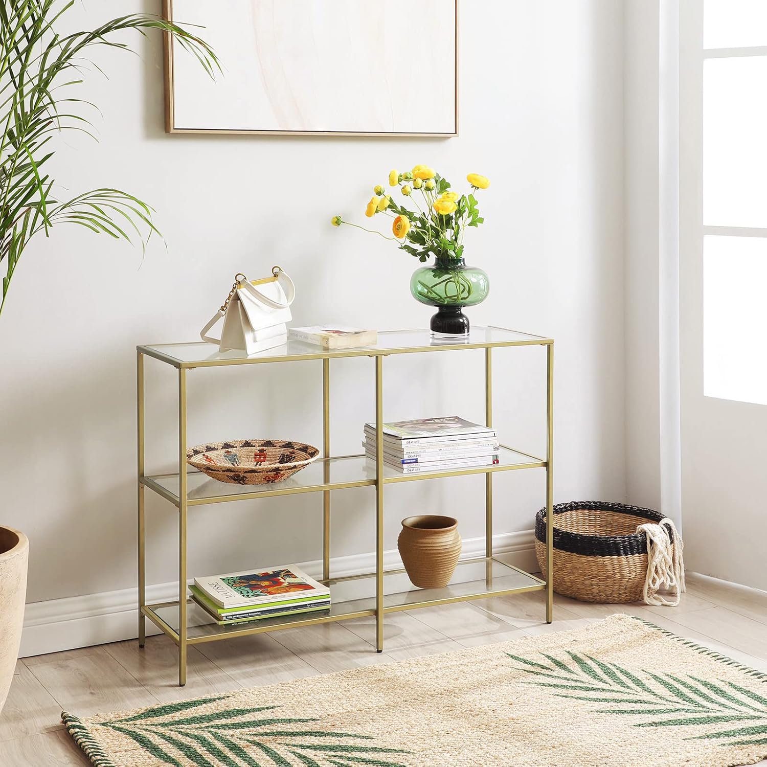 Console Table with Tempered Glass Shelves, 3 Tier Entryway Table, Sofa Table for Hallway, Living Room, Bedroom and Foyer Metallic Gold and Clear Glass LGT27G - with | Sold by Uncle Wiener's Wholesale