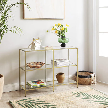 Console Table with Tempered Glass Shelves, 3 Tier Entryway Table, Sofa Table for Hallway, Living Room, Bedroom and Foyer Metallic Gold and Clear Glass LGT27G - with | Sold by Uncle Wiener's Wholesale