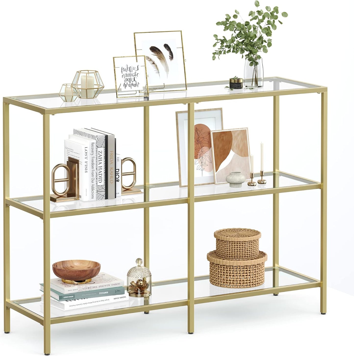 Console Table with Tempered Glass Shelves, 3 Tier Entryway Table, Sofa Table for Hallway, Living Room, Bedroom and Foyer Metallic Gold and Clear Glass LGT27G - with | Sold by Uncle Wiener's Wholesale