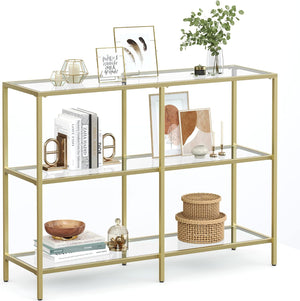 Console Table with Tempered Glass Shelves, 3 Tier Entryway Table, Sofa Table for Hallway, Living Room, Bedroom and Foyer Metallic Gold and Clear Glass LGT27G