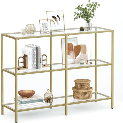 Console Table with Tempered Glass Shelves, 3 Tier Entryway Table, Sofa Table for Hallway, Living Room, Bedroom and Foyer Metallic Gold and Clear Glass LGT27G - with | Sold by Uncle Wiener's Wholesale
