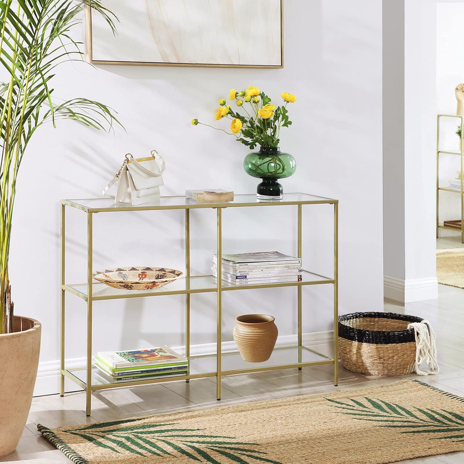 Console Table with Tempered Glass Shelves, 3 Tier Entryway Table, Sofa Table for Hallway, Living Room, Bedroom and Foyer Metallic Gold and Clear Glass LGT27G - with | Sold by Uncle Wiener's Wholesale