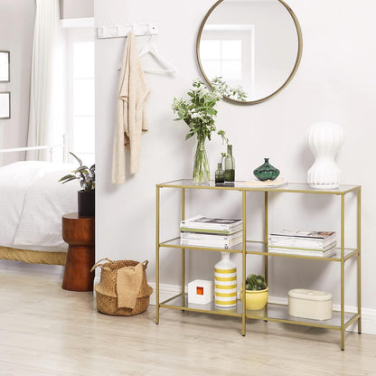 Console Table with Tempered Glass Shelves, 3 Tier Entryway Table, Sofa Table for Hallway, Living Room, Bedroom and Foyer Metallic Gold and Clear Glass LGT27G - with | Sold by Uncle Wiener's Wholesale