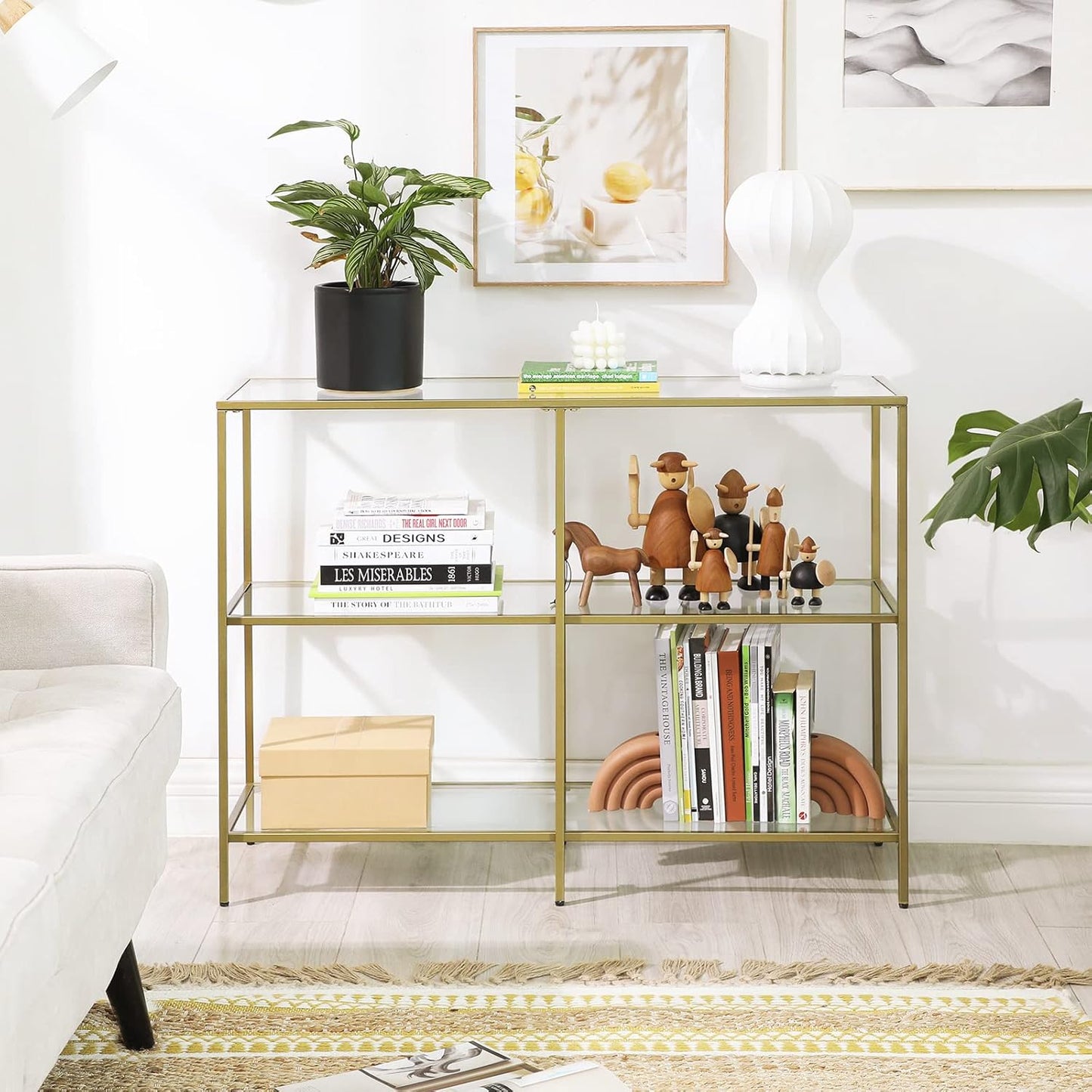 Console Table with Tempered Glass Shelves, 3 Tier Entryway Table, Sofa Table for Hallway, Living Room, Bedroom and Foyer Metallic Gold and Clear Glass LGT27G - with | Sold by Uncle Wiener's Wholesale