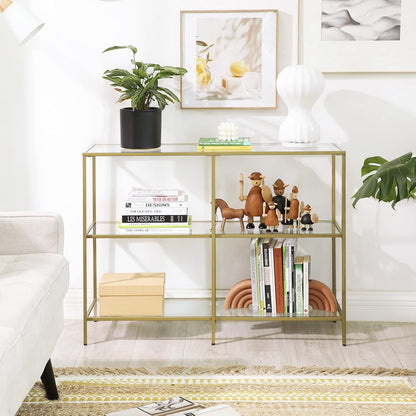 Console Table with Tempered Glass Shelves, 3 Tier Entryway Table, Sofa Table for Hallway, Living Room, Bedroom and Foyer Metallic Gold and Clear Glass LGT27G - with | Sold by Uncle Wiener's Wholesale