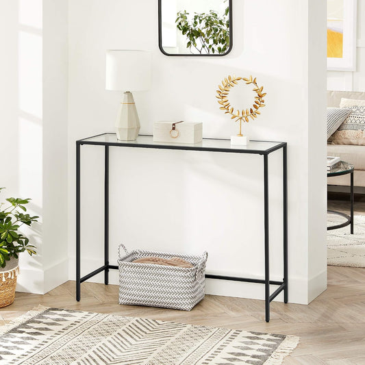 Console Table with Tempered Glass Top, Entryway Table, Sofa Table for Hallway, Living Room and Foyer Ink Black and Clear Glass LGT026B01 - with | Sold by Uncle Wiener's Wholesale