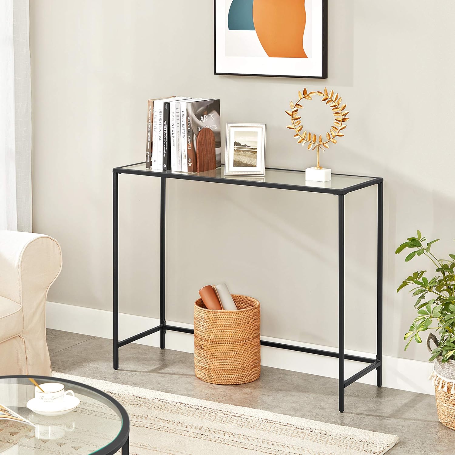 Console Table with Tempered Glass Top, Entryway Table, Sofa Table for Hallway, Living Room and Foyer Ink Black and Clear Glass LGT026B01 - with | Sold by Uncle Wiener's Wholesale