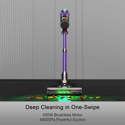 Cordless Vacuum Cleaner, 550W/48kPa Stick Vacuum with Intelligent Display, Vacuum Cleaner with Anti - Tangle Brush and 60 Mins Runtime, Perfect for Pet Hair, Carpet, and Hard Floors (Purple) - with Purple | Sold by Uncle Wiener's Wholesale